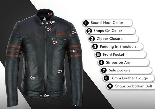 Cafe Racer Biker Leather Jacket Black Sheep Skin