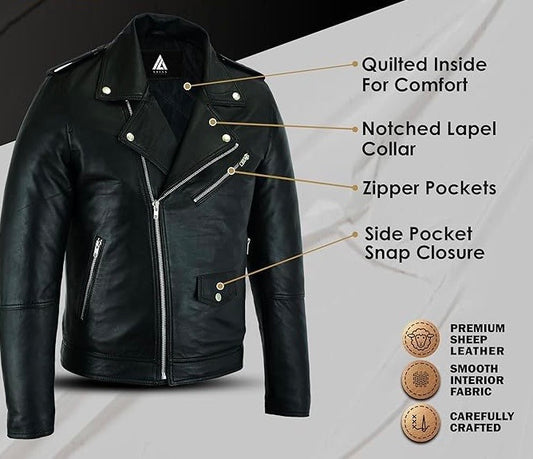 Men's Classic Black Sheepskin Leather Biker Jacket – Premium Quality Motorcycle Style