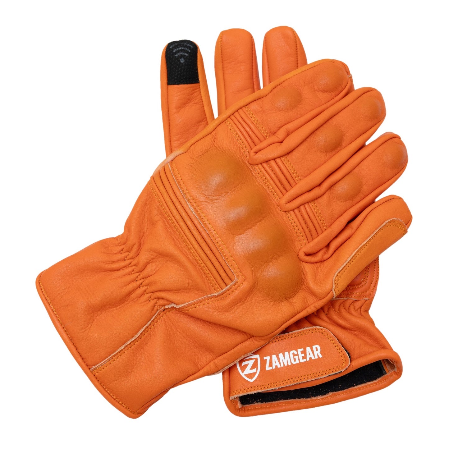 Motorcycle Orange Leather Gloves Knuckle Protection Touchscreen & Padded Palm ZamGear