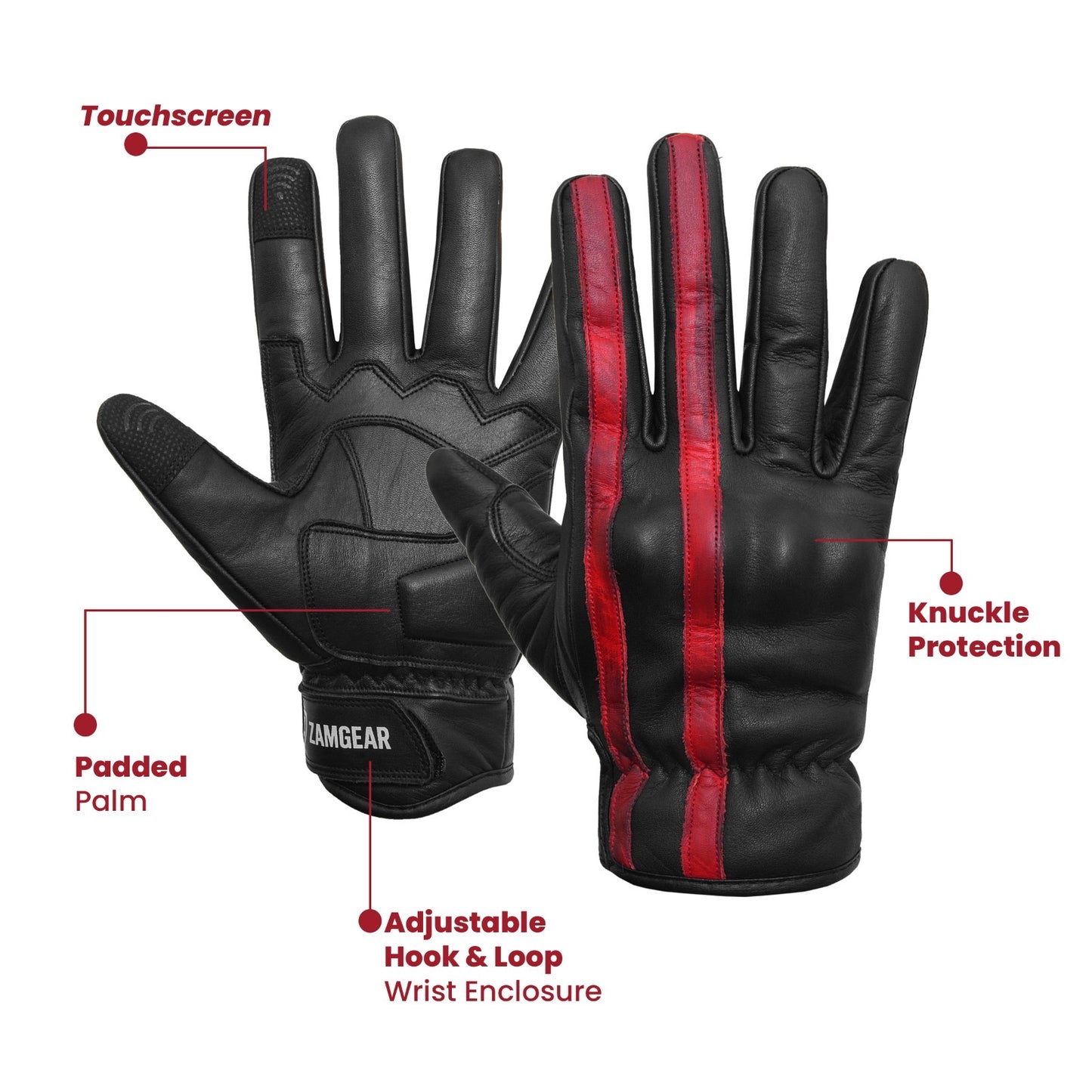 Motorcycle Leather Gloves Black Red Stripe Knuckle Protection Touchscreen & Padded Palm ZamGear