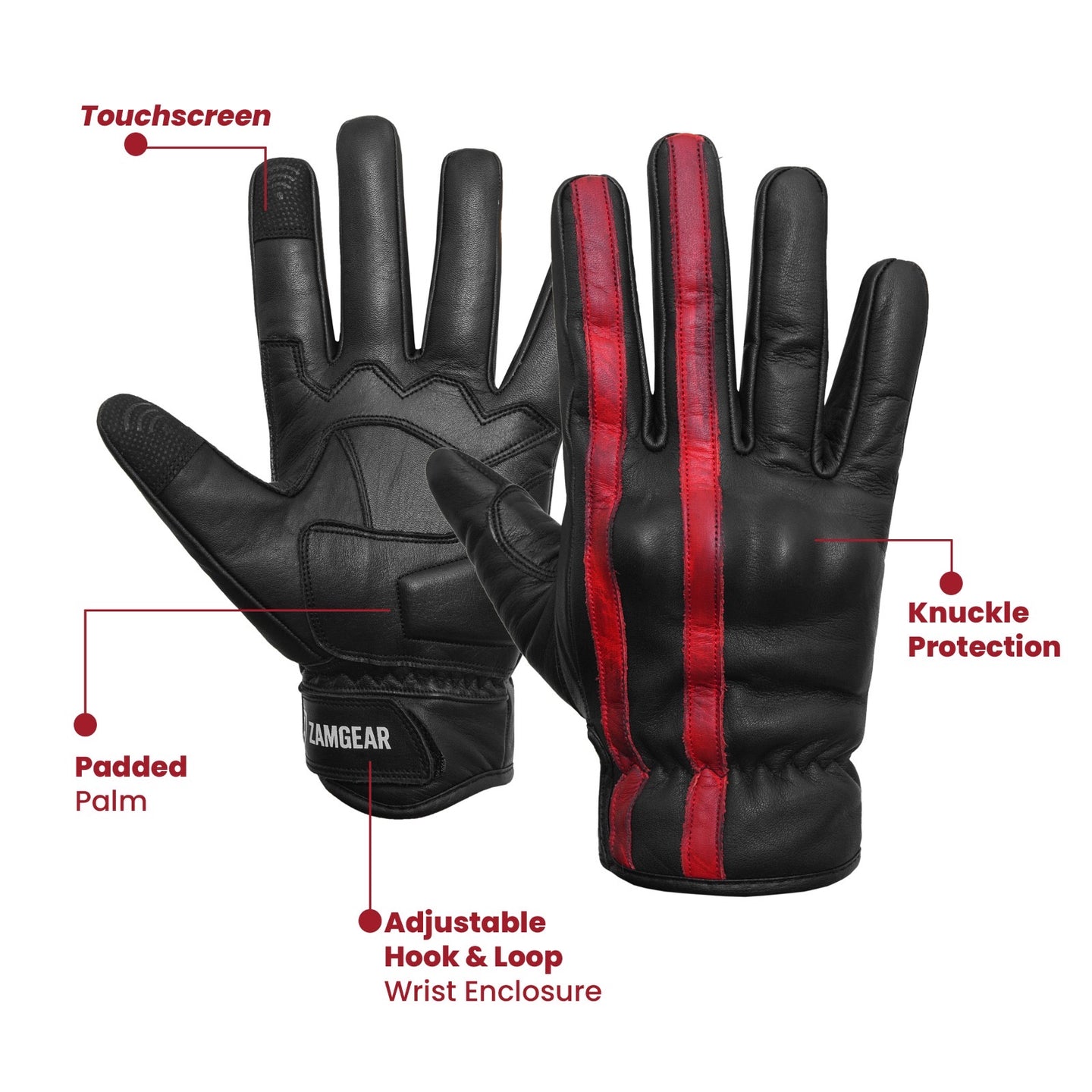 Motorcycle Leather Gloves Black Red Stripe Knuckle Protection Touchscreen & Padded Palm ZamGear