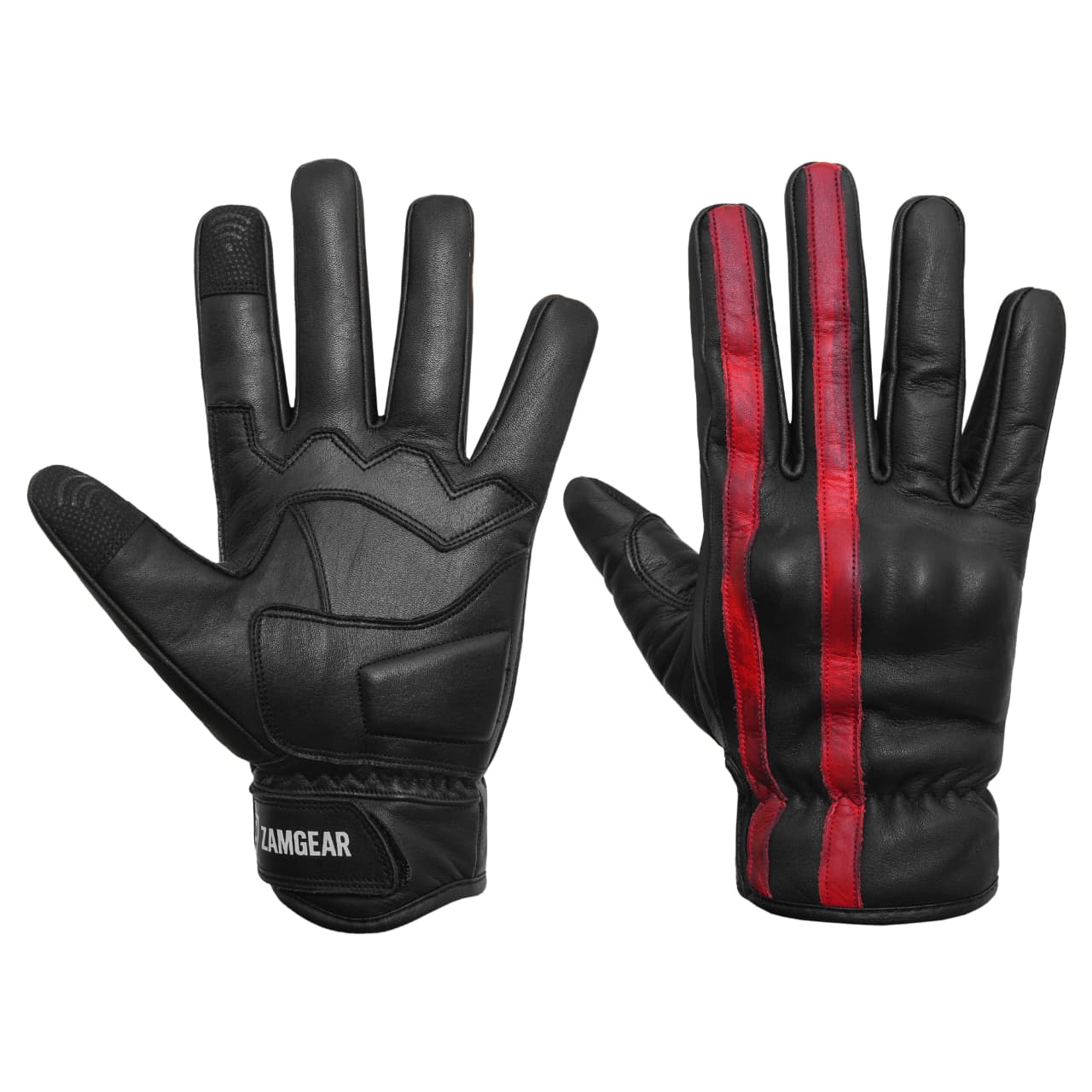 Motorcycle Leather Gloves Black Red Stripe Knuckle Protection Touchscreen & Padded Palm ZamGear