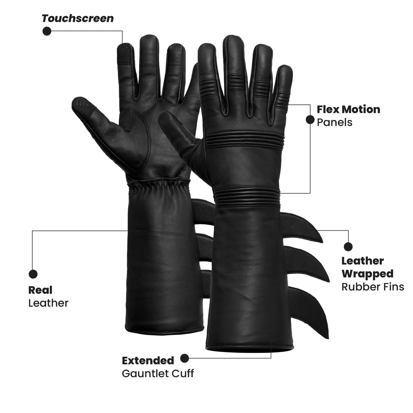 Superhero Black Leather Gauntlets with Rubber Fins – High-End Costume Gloves