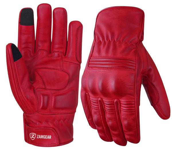 Motorcycle Leather Gloves Red Knuckle Protection Touchscreen