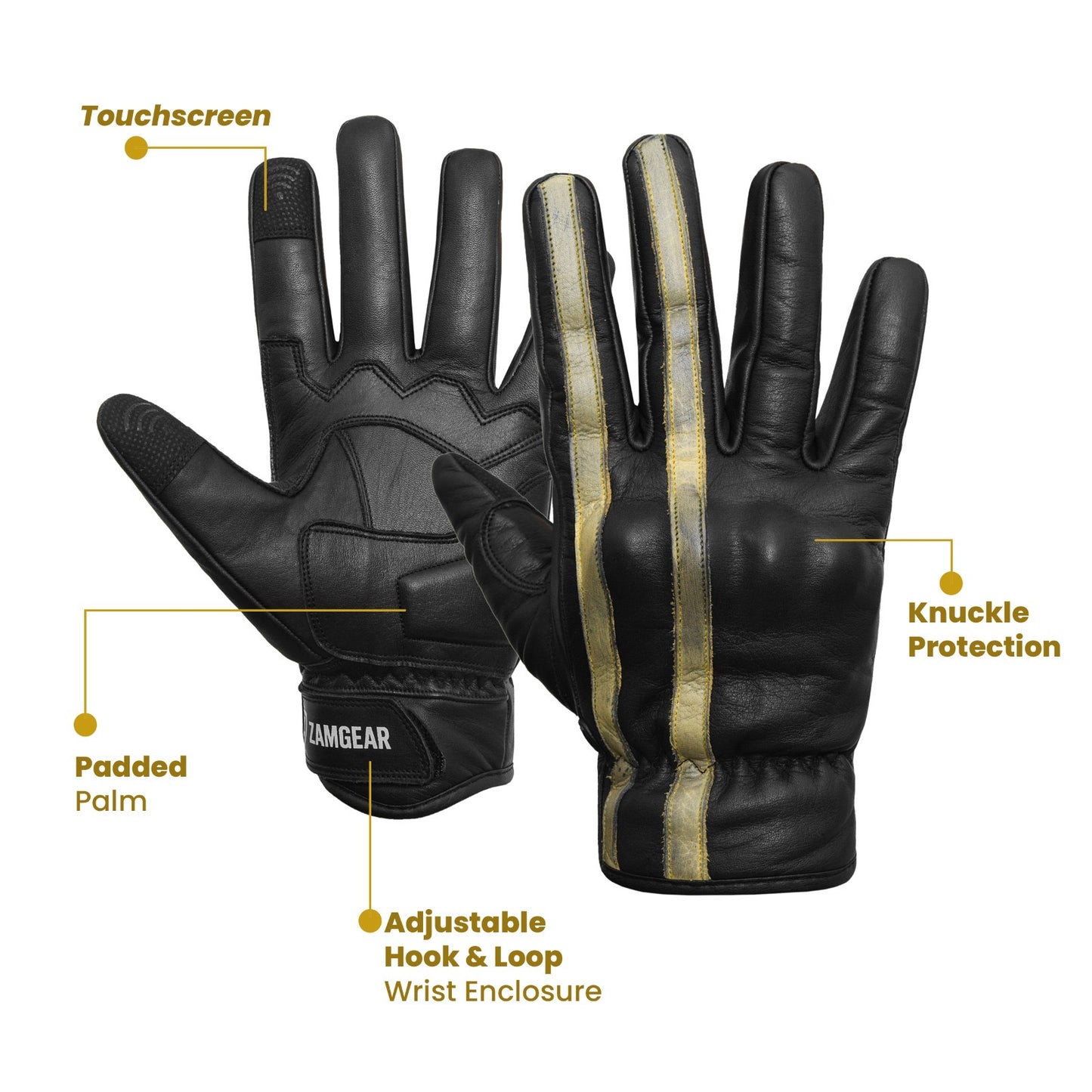 Motorcycle Leather Gloves Black Yellow Stripe Knuckle Protection Touchscreen & Padded Palm ZamGear
