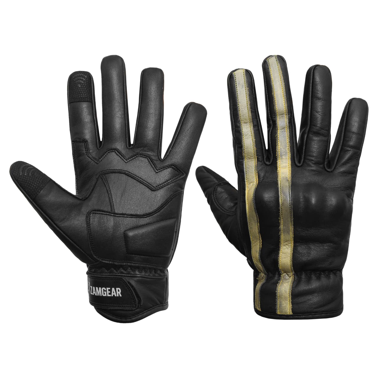 Motorcycle Leather Gloves Black Yellow Stripe Knuckle Protection Touchscreen & Padded Palm ZamGear