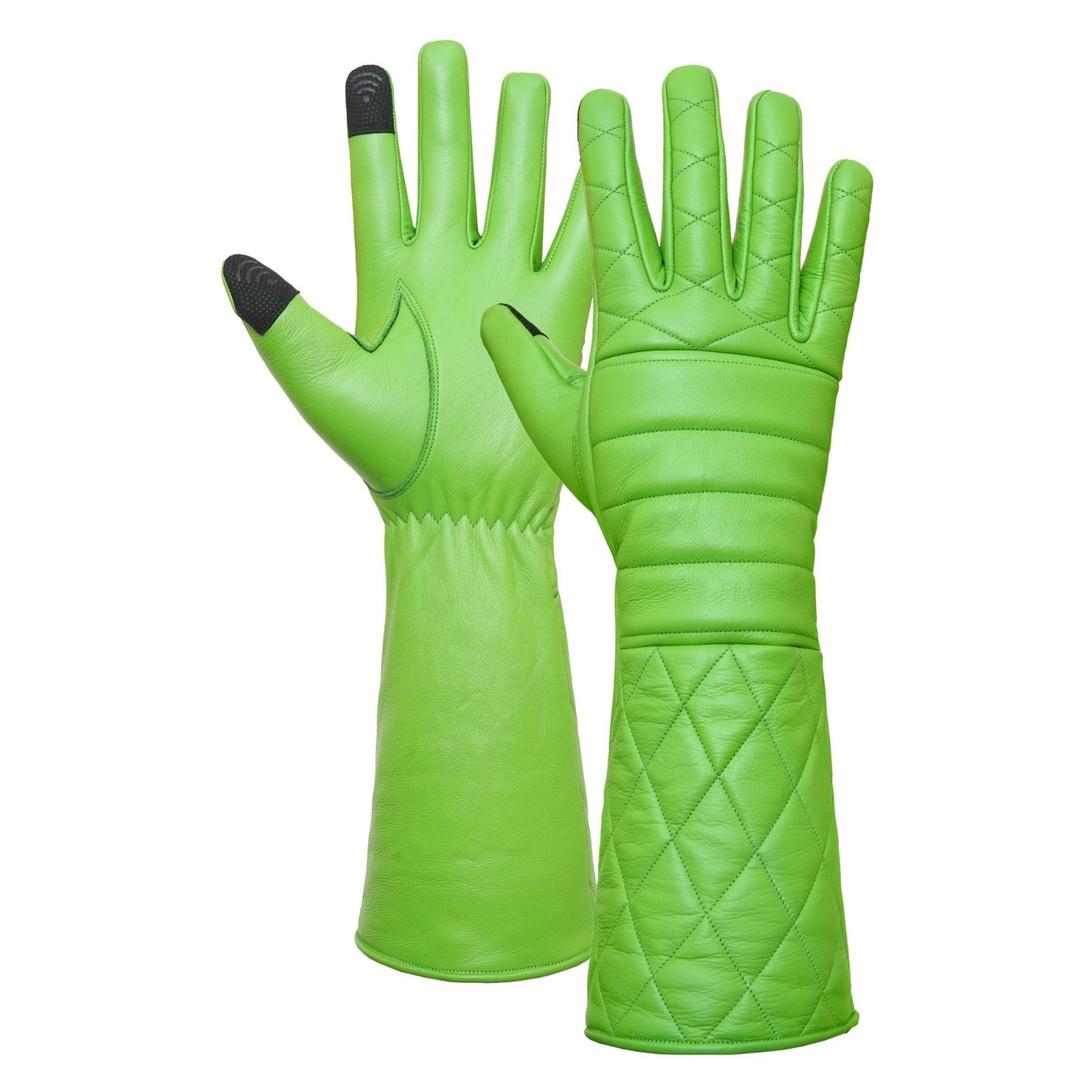 Green Leather Gauntlet Gloves – Quilted Design Extended Cuff Costume Gloves