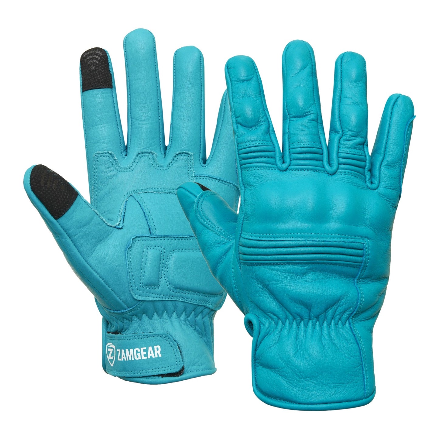 Motorcycle Aqua Blue Leather Gloves Knuckle Protection Touchscreen & Padded Palm ZamGear