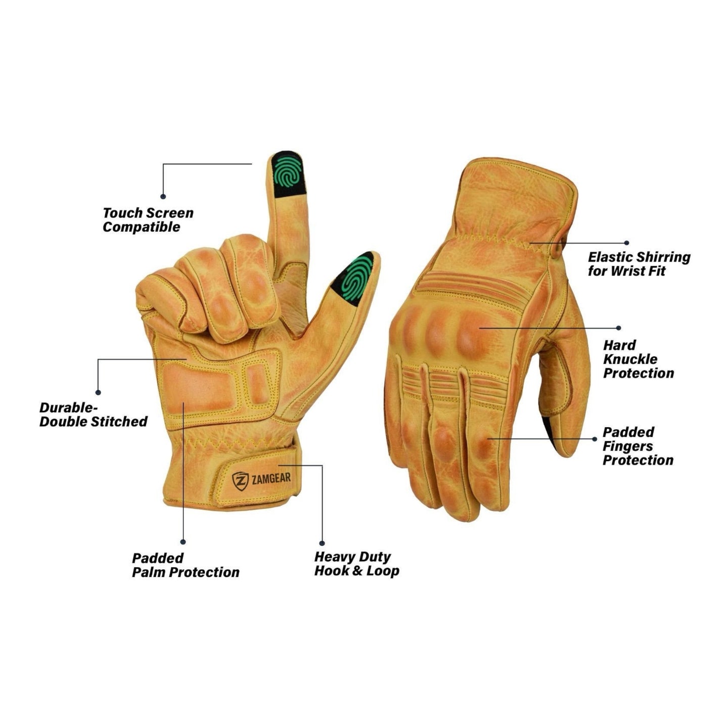 Motorcycle Leather Gloves Yellow Knuckle Protection Touchscreen & Padded Palm ZamGear