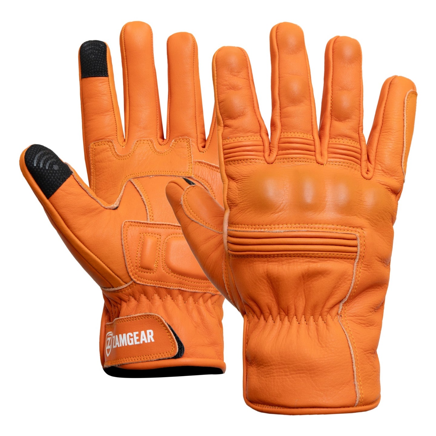 Motorcycle Orange Leather Gloves Knuckle Protection Touchscreen & Padded Palm ZamGear