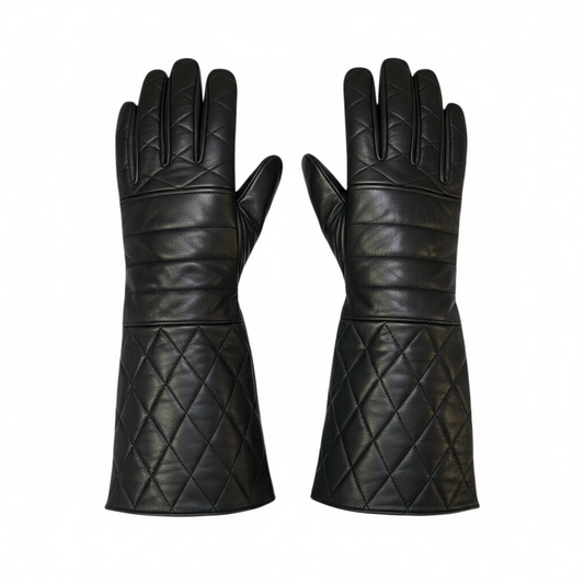 Black Leather Gauntlet Gloves – Quilted Design Extended Cuff Fashion Gloves