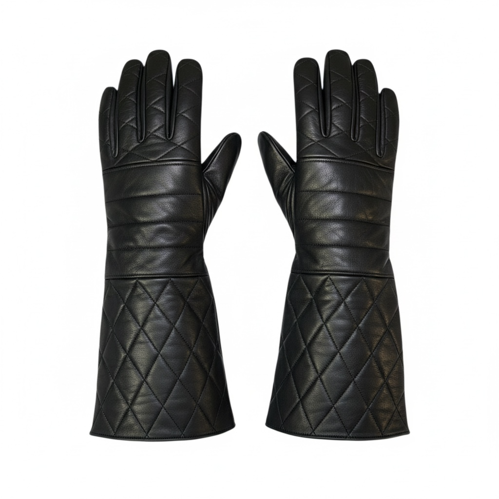 Black Leather Gauntlet Gloves – Quilted Design Extended Cuff Fashion Gloves