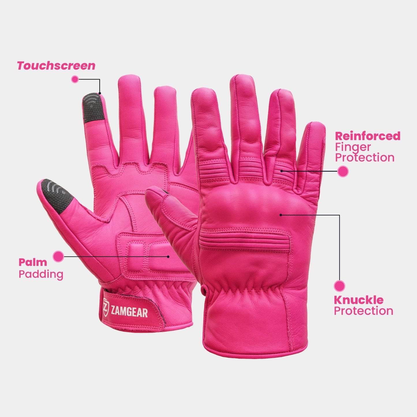 Motorcycle Pink Leather Gloves Knuckle Protection Touchscreen & Padded Palm ZamGear