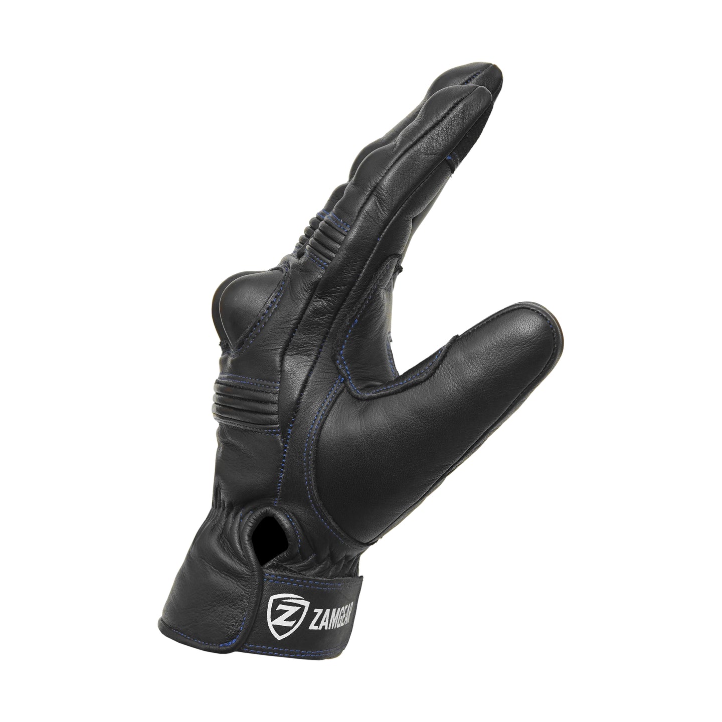 Motorcycle Leather Gloves Black - Blue Stitching Knuckle Protection Touchscreen & Padded Palm ZamGear