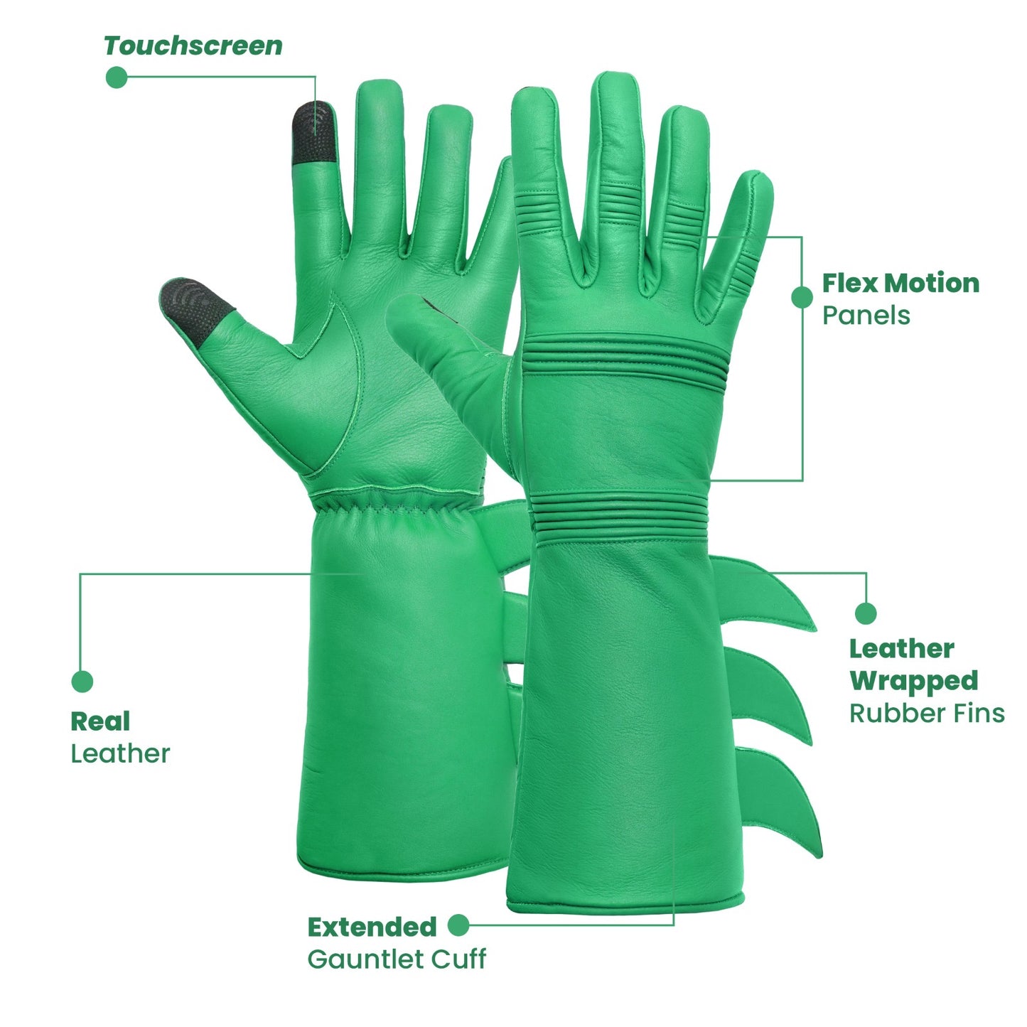Superhero-Style Green Leather Gloves – Premium Soft Costume Gloves