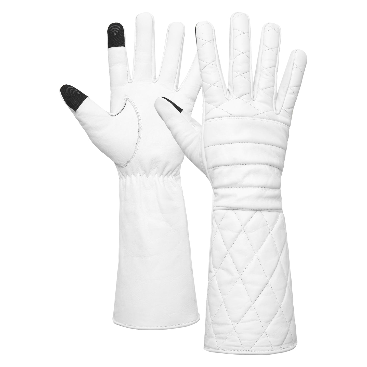 White Leather Gauntlet Gloves – Quilted Design Extended Cuff Costume Gloves