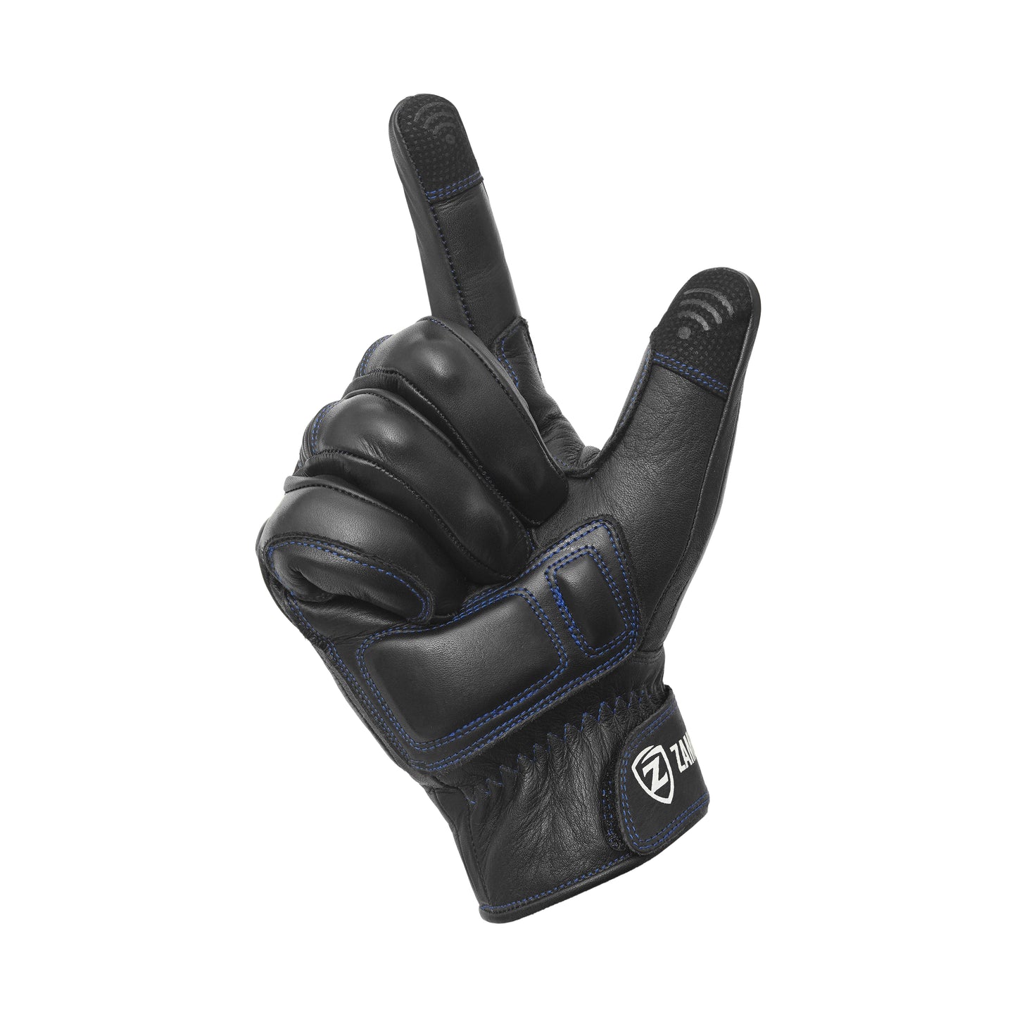Motorcycle Leather Gloves Black - Blue Stitching Knuckle Protection Touchscreen & Padded Palm ZamGear