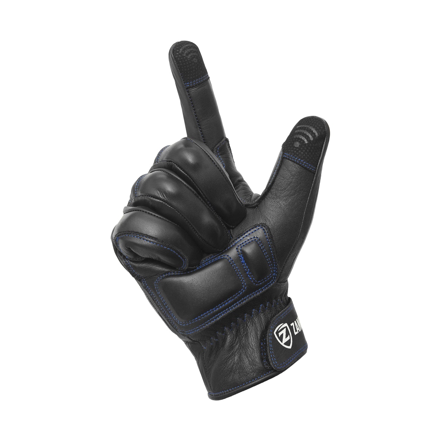 Motorcycle Leather Gloves Black - Blue Stitching Knuckle Protection Touchscreen & Padded Palm ZamGear