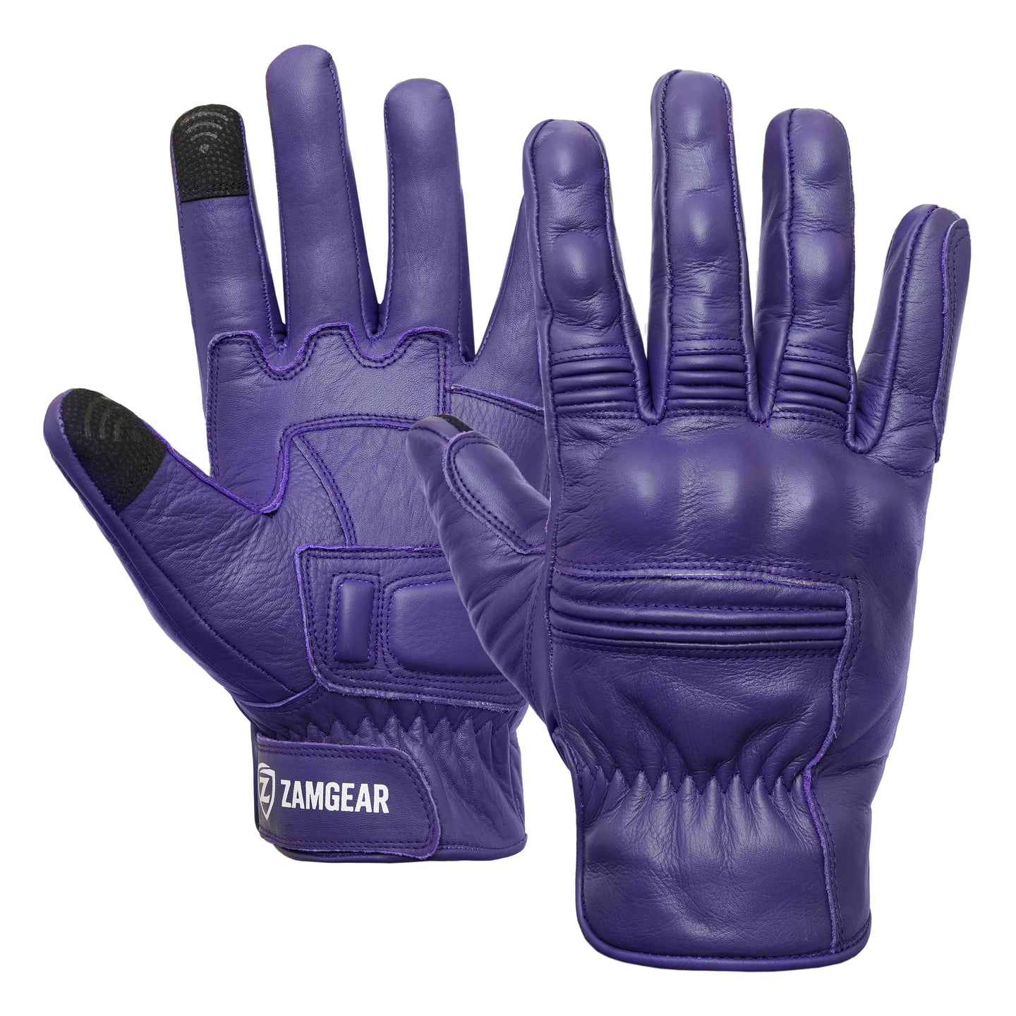 Motorcycle Purple Leather Gloves Knuckle Protection Touchscreen & Padded Palm ZamGear