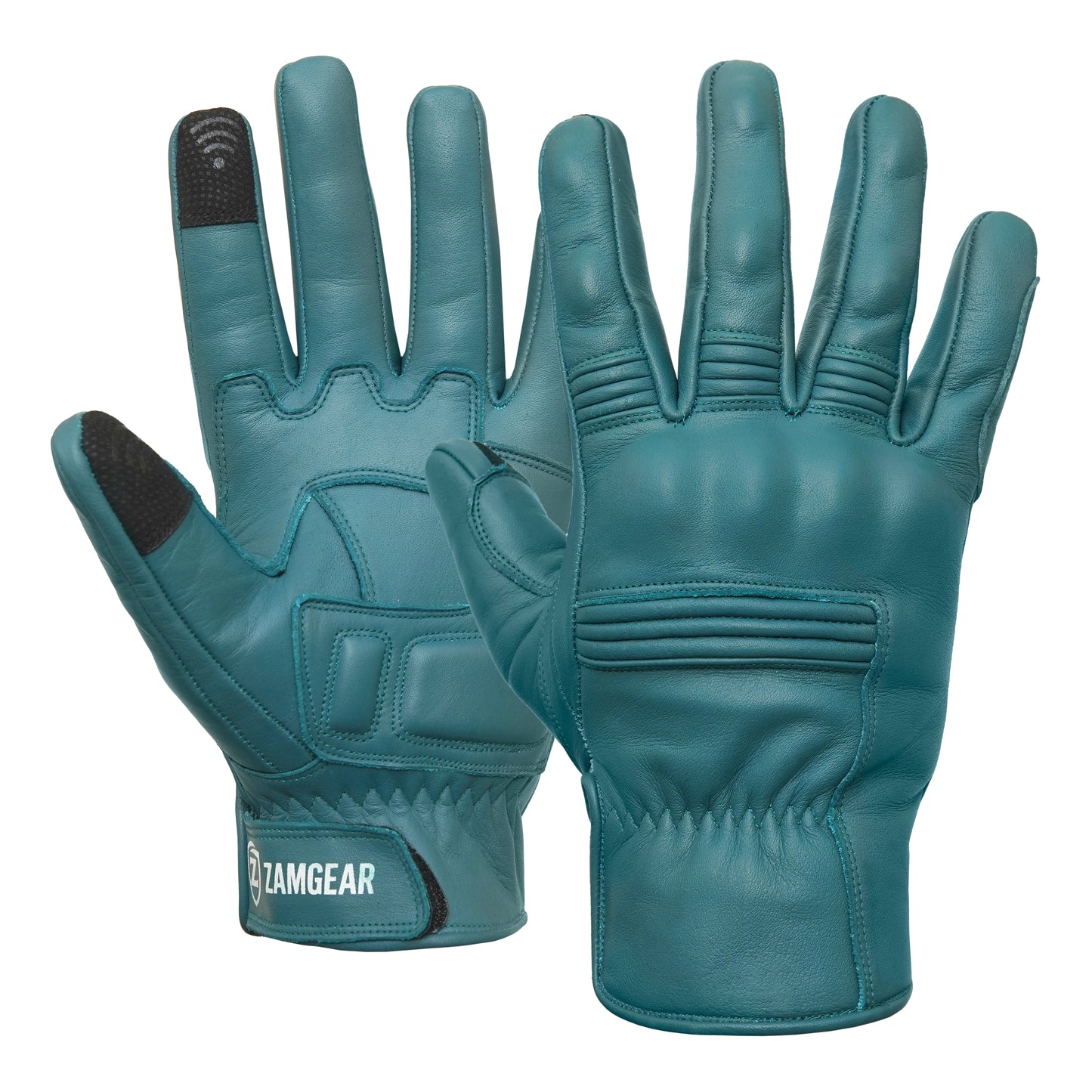 Motorcycle Teal Leather Gloves Midnight Knuckle Protection Touchscreen & Padded Palm ZamGear