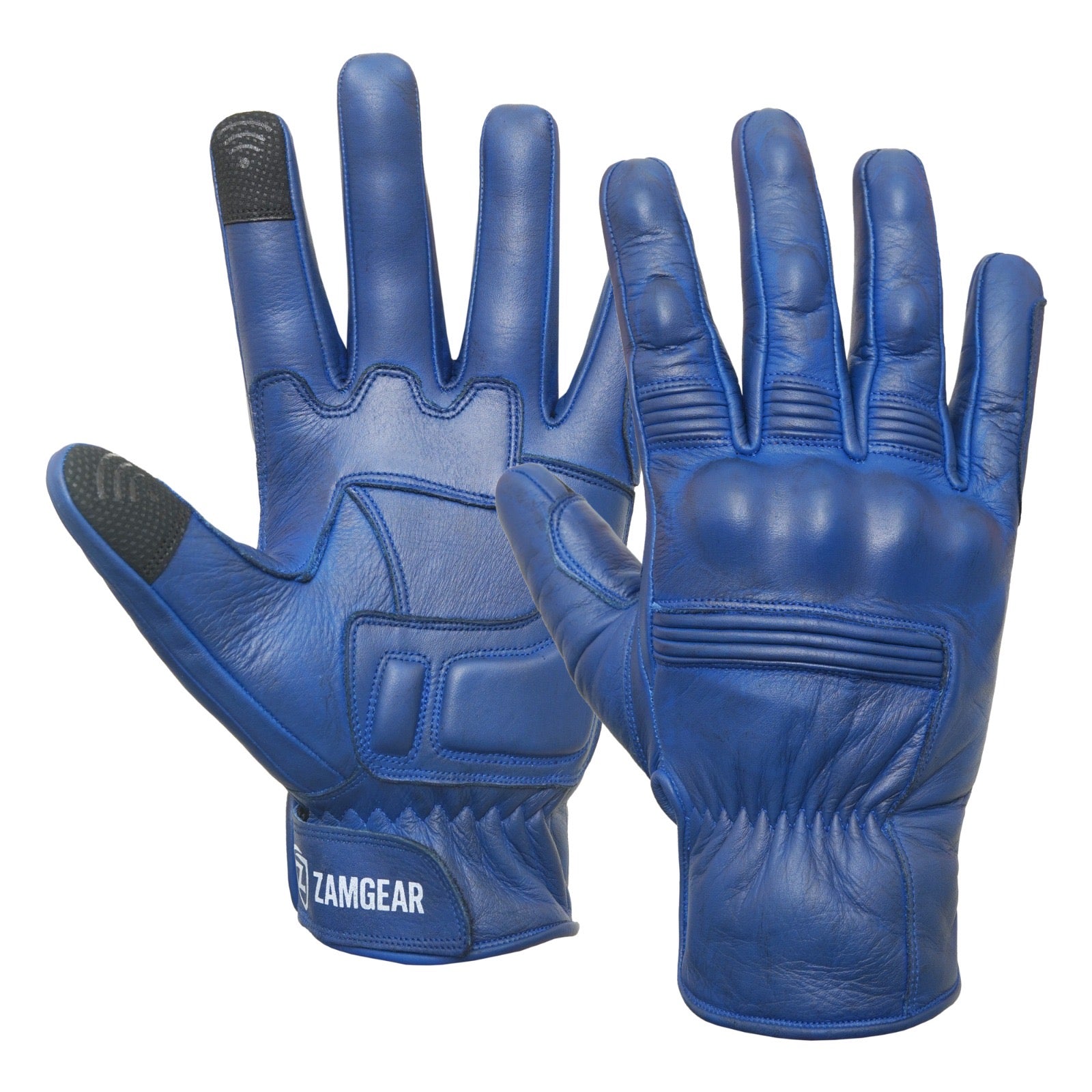 Motorcycle Blue Leather Gloves Knuckle Protection Touchscreen