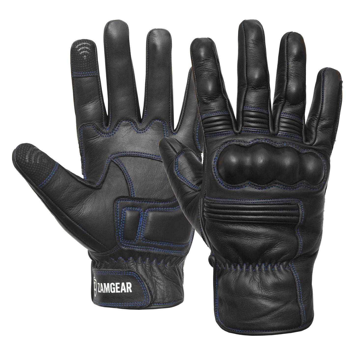 Motorcycle Leather Gloves Black - Blue Stitching Knuckle Protection Touchscreen & Padded Palm ZamGear