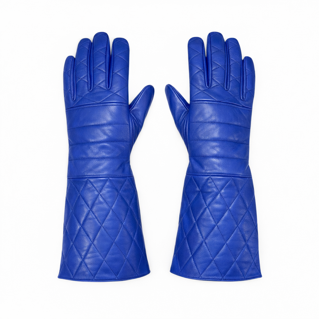 Blue Leather Gauntlet Gloves – Quilted Design Extended Cuff Fashion Gloves