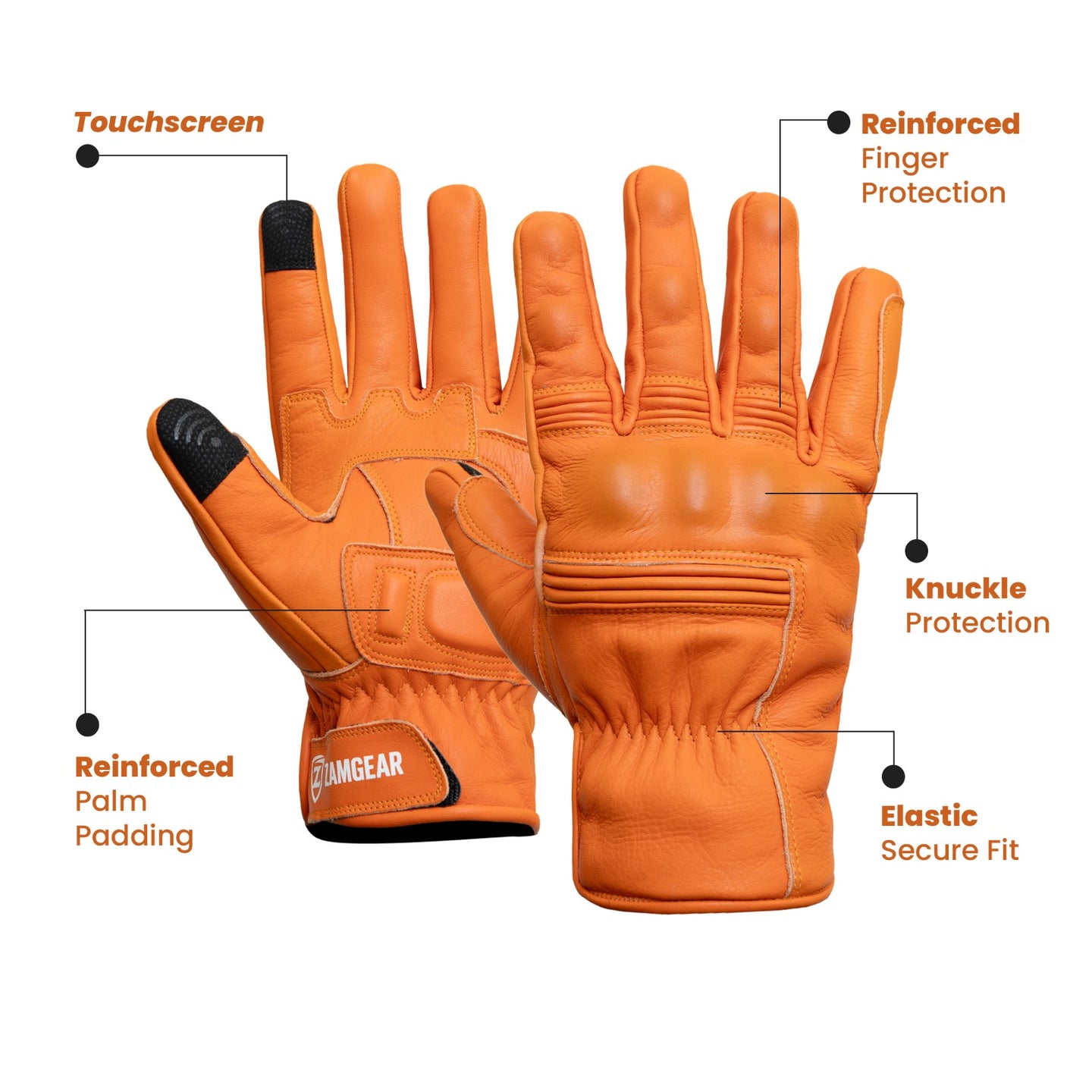 Motorcycle Orange Leather Gloves Knuckle Protection Touchscreen & Padded Palm ZamGear
