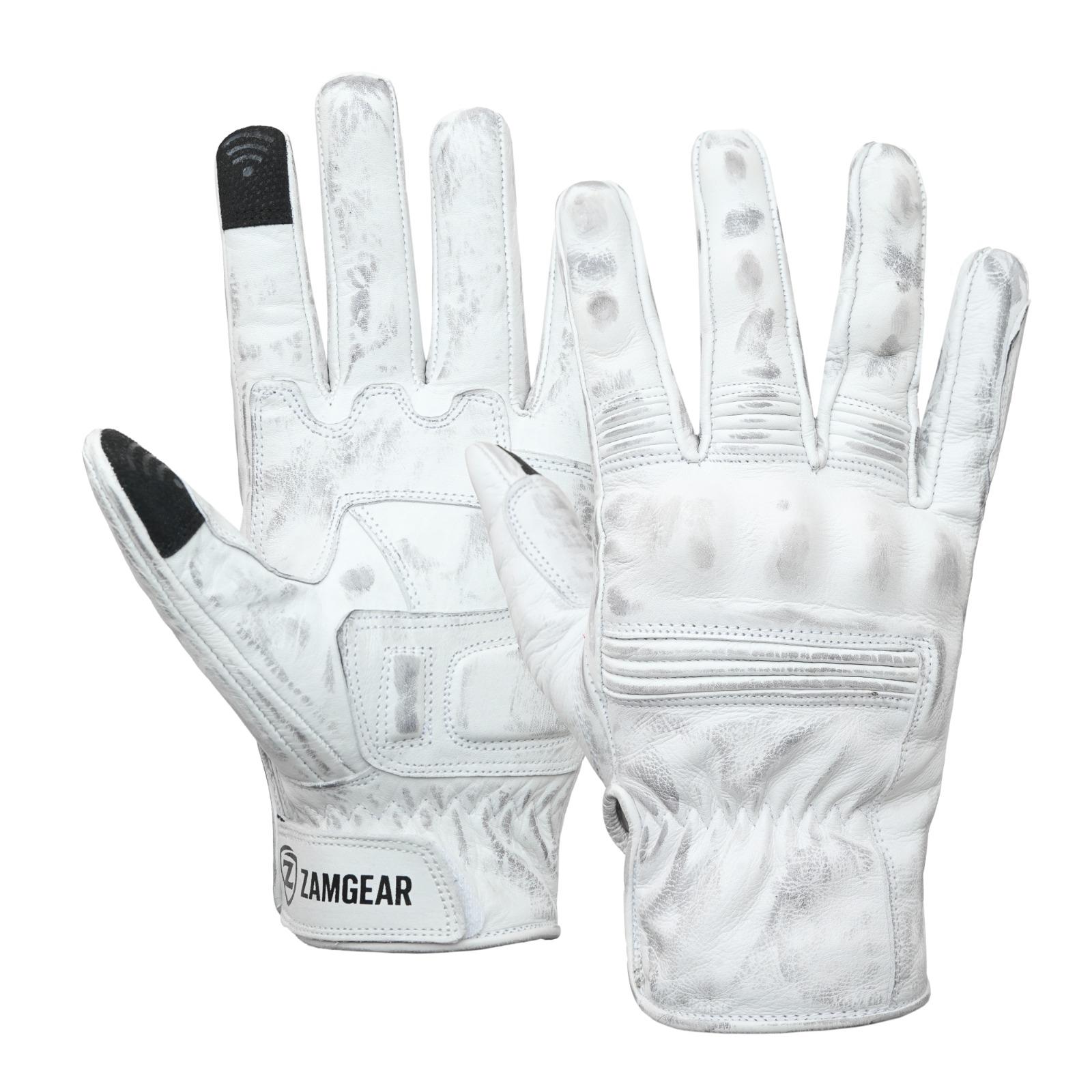 Motorcycle White Leather Gloves Knuckle Protection Touchscreen