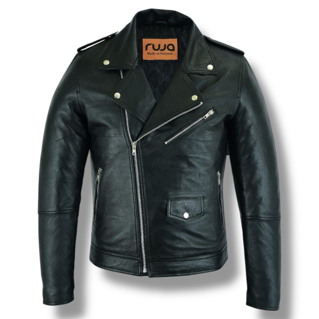 Men's Classic Black Sheepskin Leather Biker Jacket – Premium Quality Motorcycle Style
