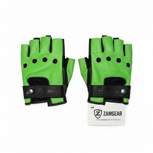 ZAMGEAR Men Classic Driving Gloves Soft Genuine Cowhide Leather Half Finger Green