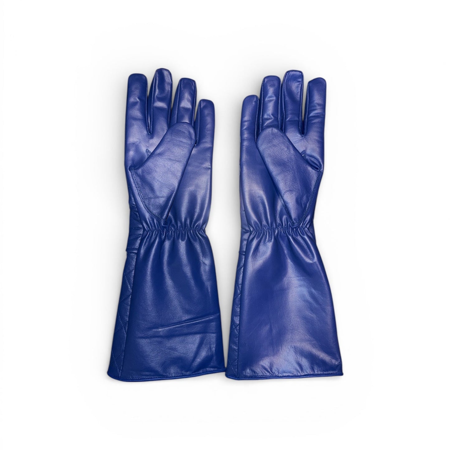 Blue Leather Gauntlet Gloves – Quilted Design Extended Cuff Fashion Gloves