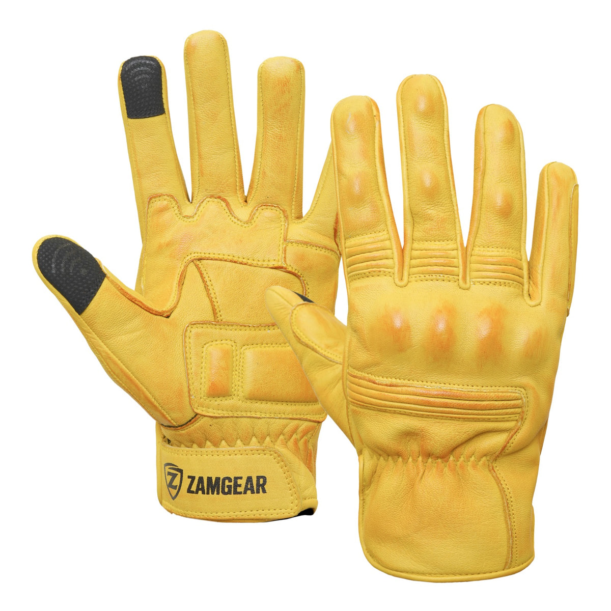 Motorcycle Yellow Leather Gloves Knuckle Protection Touchscreen & Padded Palm ZamGear