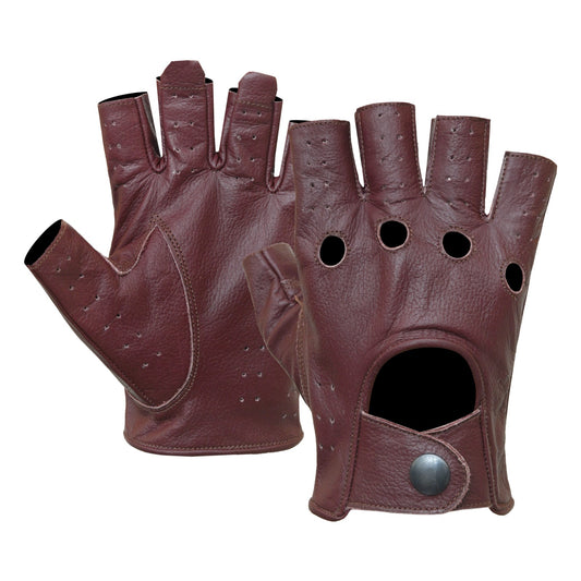 Men Classic Gloves Soft Genuine Cowhide Leather Half Finger Burgundy