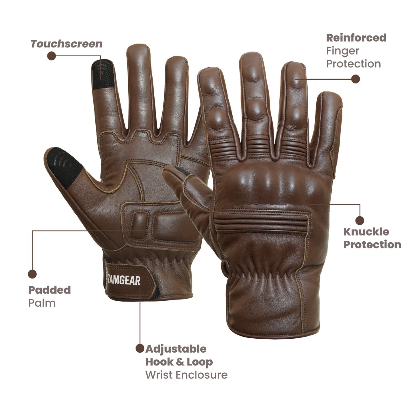 Motorcycle Brown Leather Gloves Knuckle Protection Touchscreen & Padded Palm ZamGear