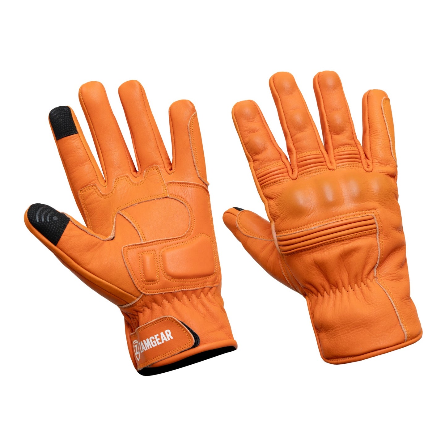 Motorcycle Orange Leather Gloves Knuckle Protection Touchscreen & Padded Palm ZamGear