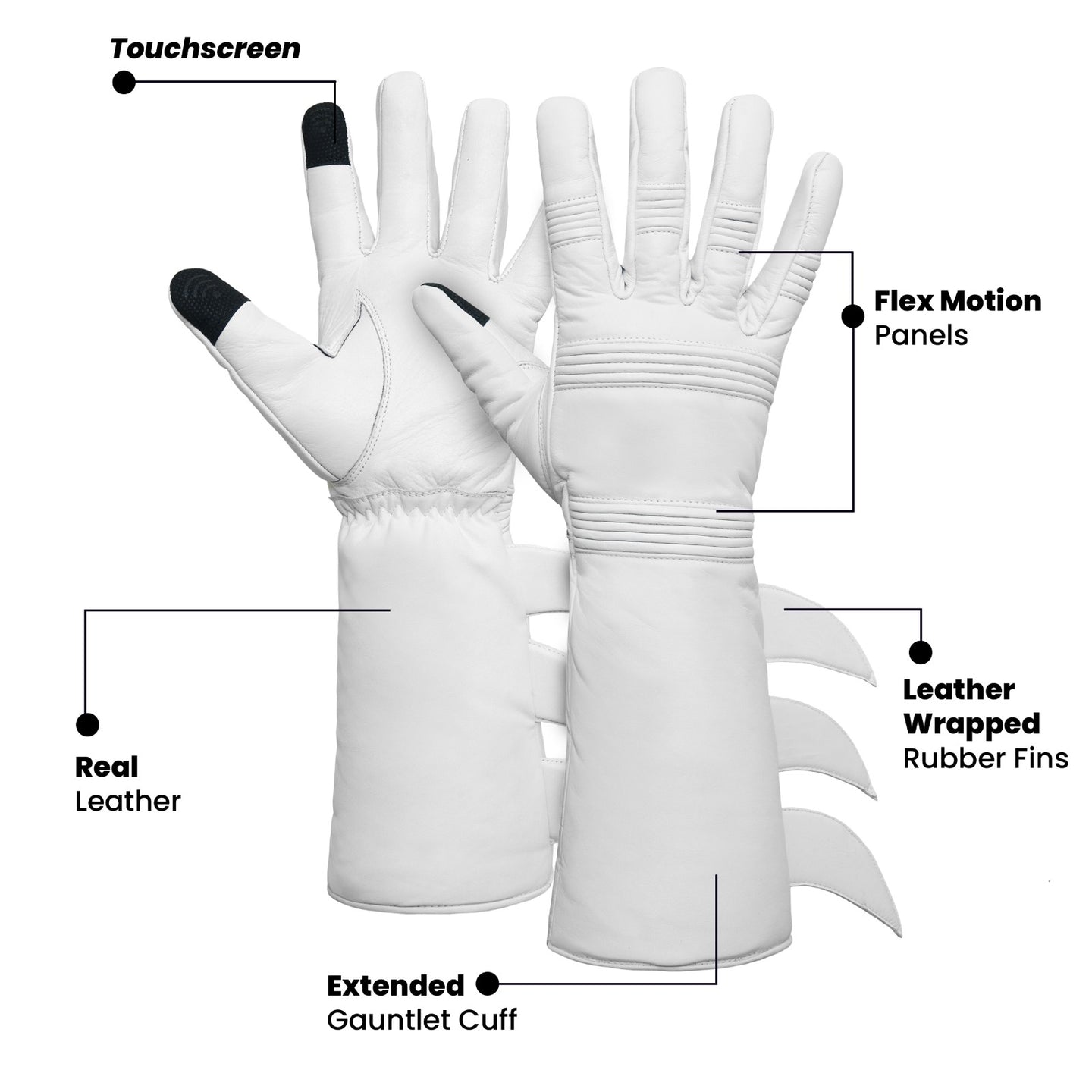 Superhero White Leather Gauntlets with Rubber Fins – High-End Costume Gloves